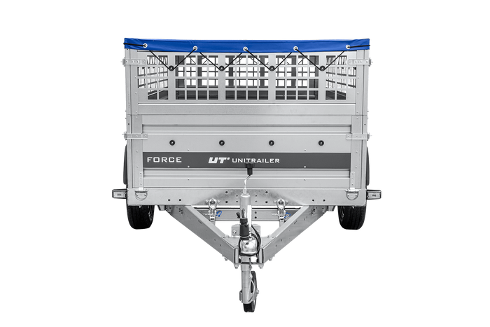 Lichte aanhanger op veren 230x125 UNITRAILER FORCE 230/R KIPP met gaaswanden, H-0 frame en blauwe hoes