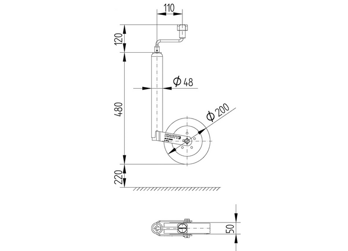 KNOTT TK48 steunwiel 150 kg 48 mm 480-700 mm