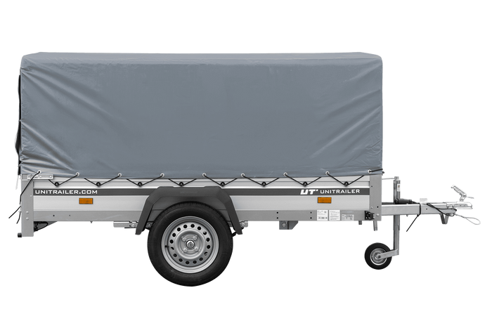 Enkelassige aanhanger op veren met aluminium zijwanden 230x125 Unitrailer Garden 230/R KIPP ALU met H-800 frame en grijze afdekking