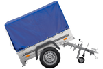 Lichte aanhangwagen Garden Trailer 150 KIPP met afmeting van 150x106 met blauwe zeil en huif MTM 750 KG 