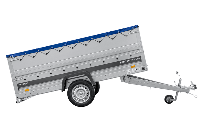 Lichte aanhanger 264x125 UNITRAILER FORCE 264 KIPP met BIS-zijwanden, H-0 frame en blauwe afdekking