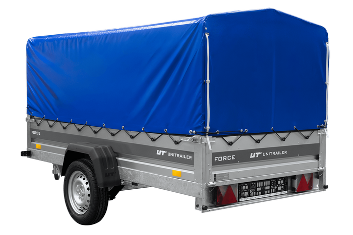 Enkelassige aanhanger op veren 264x125 UNITRAILER FORCE 264/R KIPP met H-800 frame en blauwe afdekking