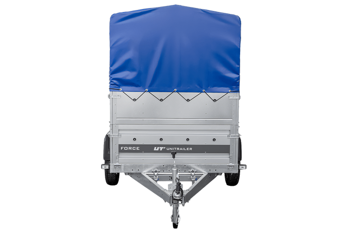 Enkelassige aanhanger op veren 230x125 UNITRAILER FORCE 230/R KIPP met BIS-zijwanden, H-800 frame en blauwe afdekking