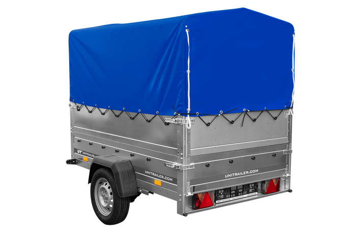 Lichte aanhangwagen op veren 200x125 UNITRAILER GARDEN 201/R KIPP met BIS zijwanden, H-800 frame en blauwe afdekking