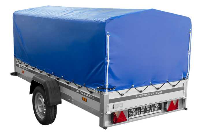 Enkelassige aanhanger met aluminium zijwanden 264x125 Unitrailer Garden 264 KIPP ALU met H-800 frame en blauwe afdekking