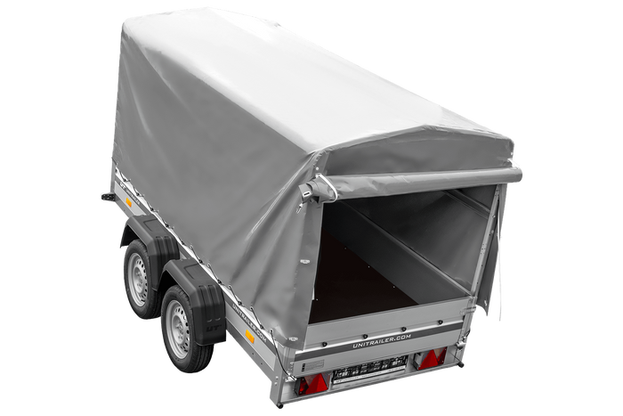 Tweeassige aanhanger met aluminium zijwanden 264x125 Unitrailer Garden 264/2 KIPP ALU met frame H-1100 en grijze afdekking