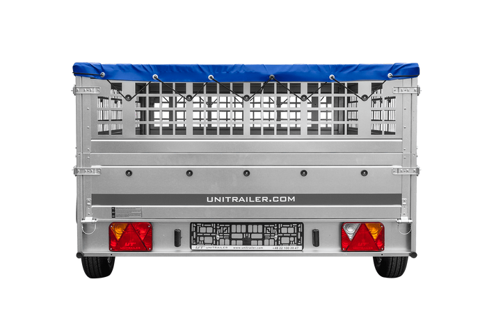 Lichte aanhanger op veren 264x150 UNITRAILER GARDEN 265/R KIPP met gaaswanden, H-0 frame en blauwe hoes