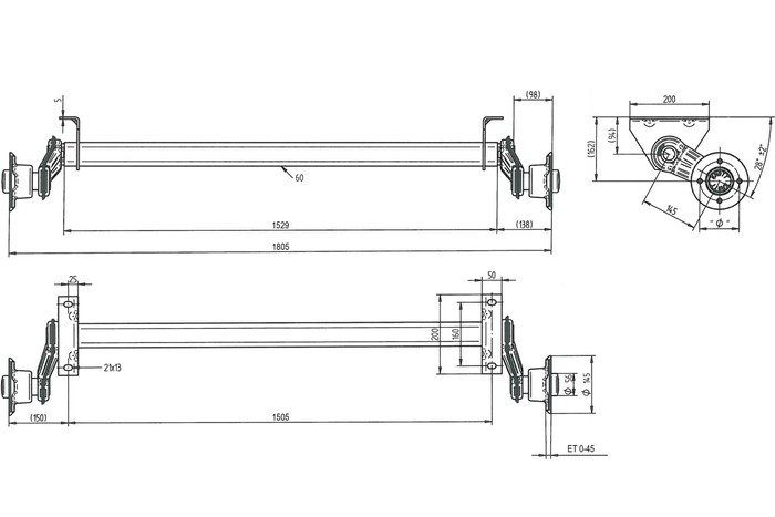 KNOTT VG7-L ongeremde as voor 750kg aanhanger van UNITRAILER1505mm 1805mm 4x100
