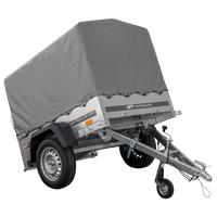 Lichte aanhangwagen met kipper 150x106 met grijs dekzeil, steunwiel en MTM 750 KG frame Garden Trailer 150 KIPP