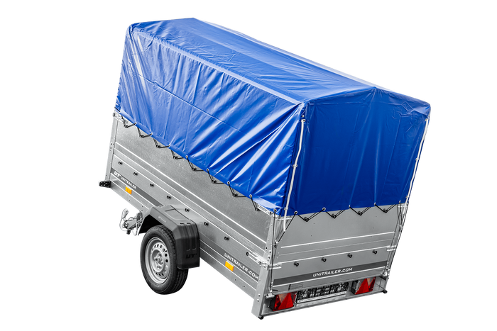 Lichte aanhanger 230x125 UNITRAILER GARDEN 230 KIPP met BIS-zijwanden, H-800 frame en blauwe afdekking