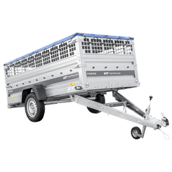 Enkelassige aanhanger 264x125 UNITRAILER FORCE 264 KIPP met gaaswanden, H-0 frame en blauwe afdekking.