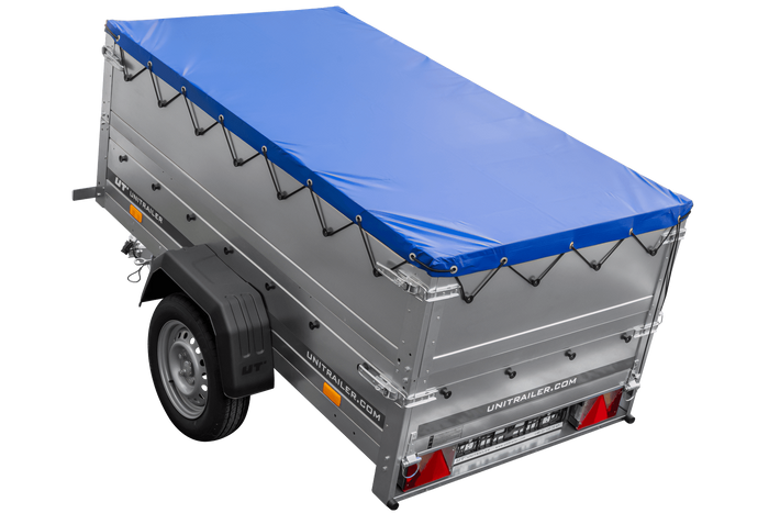 Autoaanhanger 200x106 UNITRAILER GARDEN 200 KIPP met BIS-zijwanden, H-0 frame en blauwe afdekking