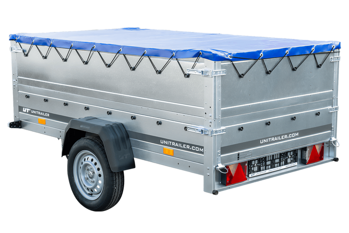 GARDEN TRAILER 230 KIPP MET STEUNWIEL, BIS ZIJKANTEN EN BLAUW PLAT TARPAU