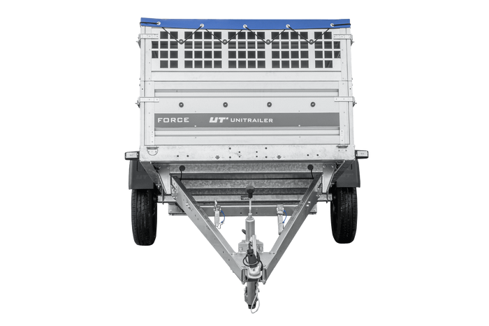 Enkelassige aanhanger 230x125 UNITRAILER FORCE 230 KIPP met gaaswanden, H-0 frame en blauwe afdekking.