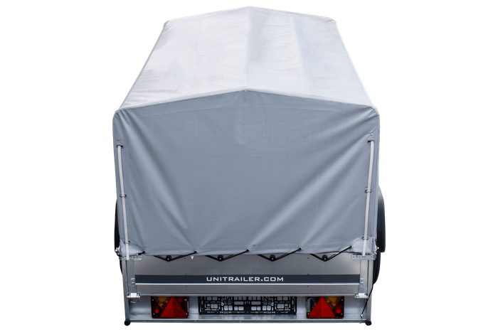 Enkelassige aanhanger 230x125 UNITRAILER GARDEN 230 KIPP met H-800 frame en grijze afdekking