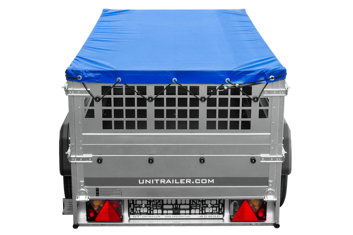Lichte aanhanger 200x106 UNITRAILER GARDEN 200 KIPP met gaaswanden, H-0 frame en blauwe hoes