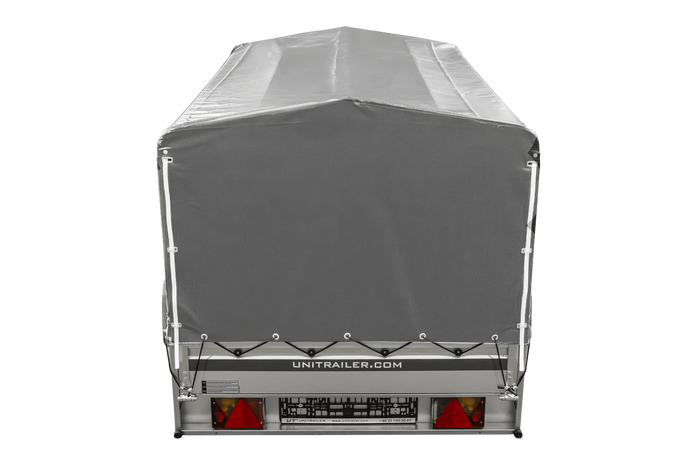 Enkelassige aanhanger met aluminium zijwanden 230x125 Unitrailer Garden 230 KIPP ALU met H-800 frame en grijze afdekking