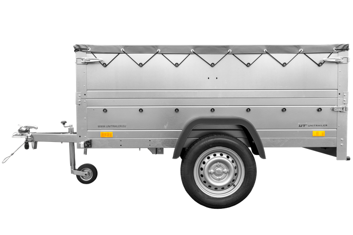 Unitrailer GARDEN TRAILER 201 KIPP met steunwiel, bis sideboards en grijs plat dekzeil