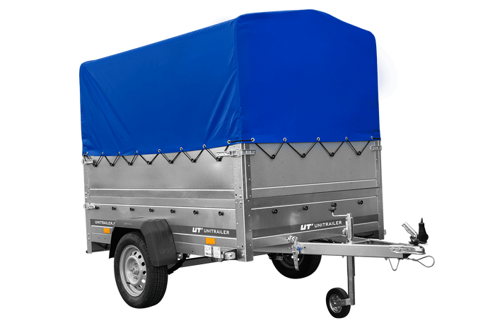 Lichte aanhangwagen op veren 200x125 UNITRAILER GARDEN 201/R KIPP met BIS zijwanden, H-800 frame en blauwe afdekking
