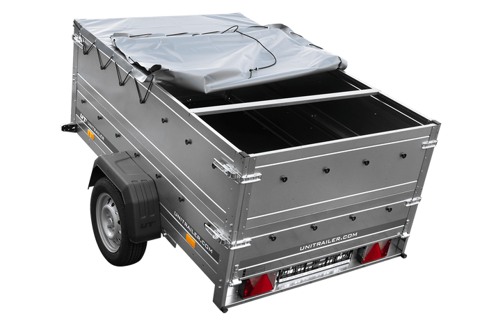 Lichte aanhangwagen op veren 200x125 UNITRAILER GARDEN 201/R KIPP met BIS zijwanden, H-0 frame en grijs zeil