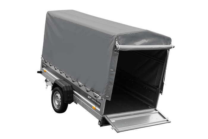 Enkelassige aanhanger op veren 264x125 UNITRAILER FORCE 264/R KIPP met H-1100 frame en grijze afdekking