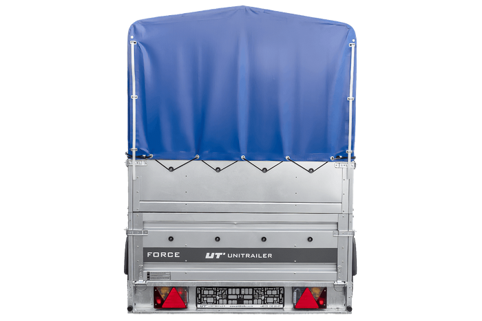 Enkelassige aanhanger op veren 230x125 UNITRAILER FORCE 230/R KIPP met BIS-zijwanden, H-800 frame en blauwe afdekking