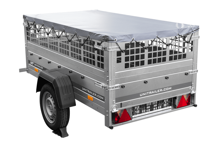 Enkelassige aanhanger 200x106 UNITRAILER GARDEN 200 KIPP met gaaswanden en grijs dekzeil