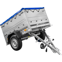 Unitrailer GARDEN TRAILER 150 KIPP met steunwiel, twee zijkanten en blauwe vlakke afdekking
