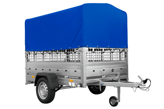 Enkelassige aanhangwagen op veren 200x125 UNITRAILER GARDEN 201/R KIPP met roosterwanden, H-800 frame en blauwe afdekking