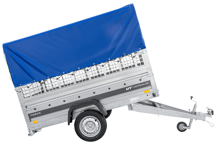 Enkelassige aanhanger 230x125 UNITRAILER FORCE 230 KIPP met gaaswanden, H-0 frame en blauwe afdekking.