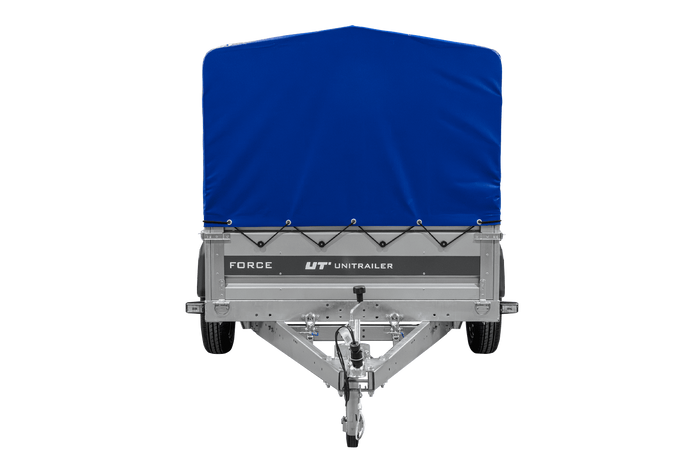 Autotransportaanhanger op veren 230x125 UNITRAILER FORCE 230/R KIPP met H-800 frame en blauwe afdekking