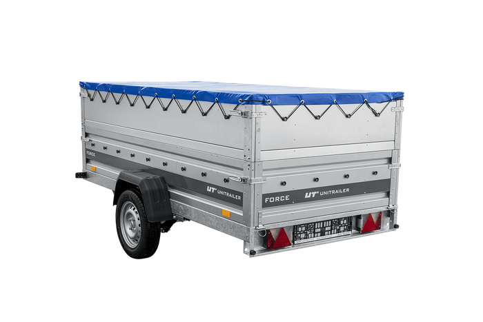 Enkelassige aanhanger op veren 264x125 UNITRAILER FORCE 264/R KIPP met BIS-zijwanden, H-0 frame en blauw dekzeil