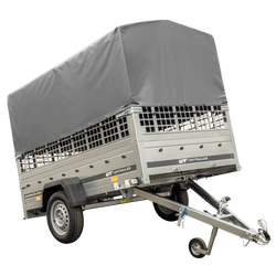 1-assige kiepwagen 230 x 125 Garden Trailer 230 KIPP met mesh boordwanden en H-800 frame met grijze kap