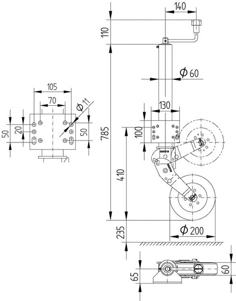 KNOTT ATK60 automatisch neuswiel met handgreep 250 kg 60 mm 785-1020 mm