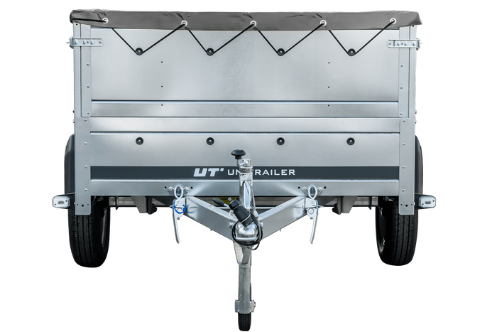 Eenassige aanhanger met een GARDEN TRAILER 230 KIPP met een steunwiel, twee zijkanten en een grijze vlakke kap