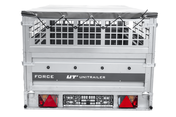 Enkelassige aanhanger op veren 264x125 UNITRAILER FORCE 264/R KIPP met gaaswanden, H-0 frame en grijs dekzeil