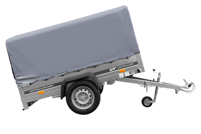 Enkelassige aanhangwagen op veren 200x125 UNITRAILER GARDEN 201/R KIPP met H-800 frame en grijs zeil