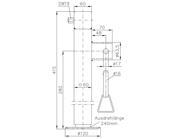 WINTERHOFF SF60-19-280 uitschuifbare krukassteun voor 1300 kg vlakke aanhanger 415-655 mm
