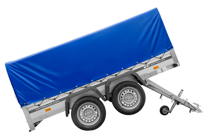 Tweeassige aanhanger met aluminium zijwanden 264x125 Unitrailer Garden 264/2 KIPP ALU met H-800 frame en blauwe afdekking