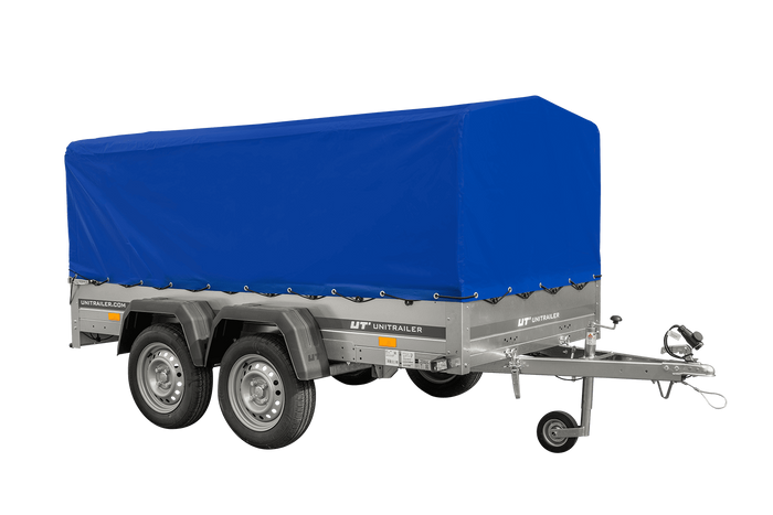 Twee-assige aanhanger 264x125 UNITRAILER GARDEN 264/2 KIPP met H-800 frame en blauwe afdekking