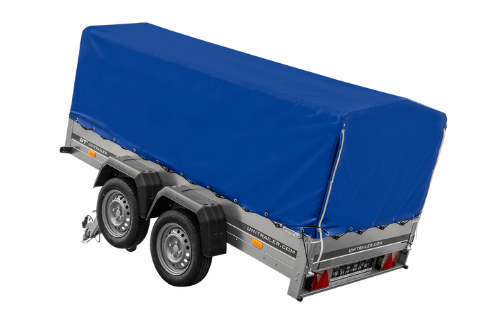 Twee-assige aanhanger 264x125 UNITRAILER GARDEN 264/2 KIPP met H-800 frame en blauwe afdekking