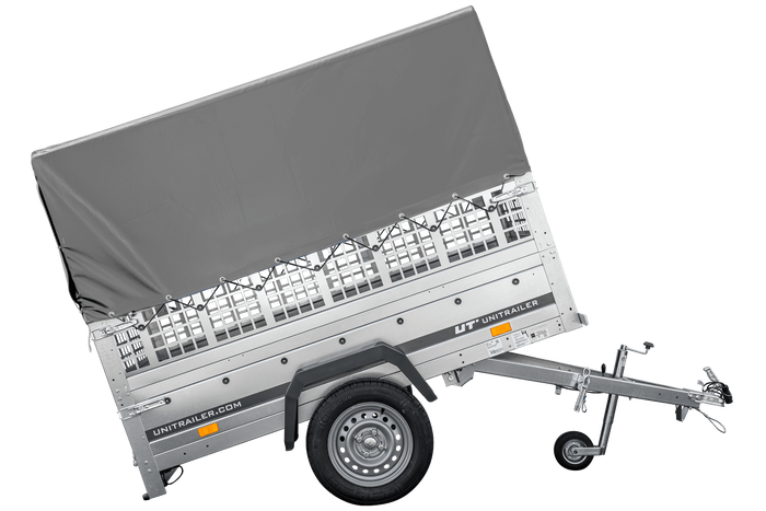 Autoaanhanger 200x106 UNITRAILER GARDEN 200 KIPP met gaaswanden, H-800 frame en grijze afdekking