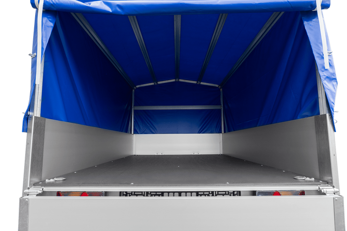Autoaanhanger op veren met aluminium zijwanden 200x125 Unitrailer Garden 201/R KIPP ALU met H-800 frame en blauwe afdekking
