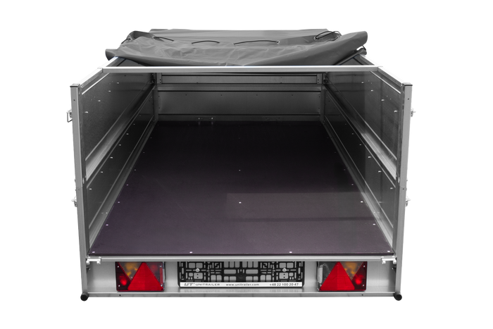 Enkelassige aanhangwagen op veren 264x125 UNITRAILER GARDEN 264/R KIPP met BIS zijwanden, H-0 frame en grijs zeil