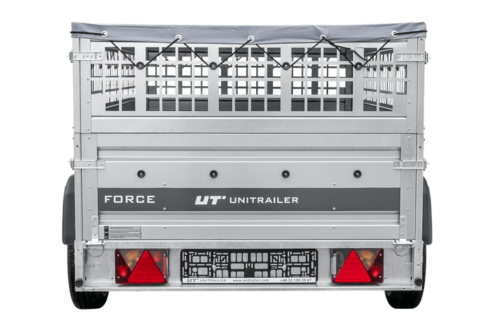 Lichte aanhanger op veren 230x125 UNITRAILER FORCE 230/R KIPP met gaaswanden, H-0 frame en grijze afdekking