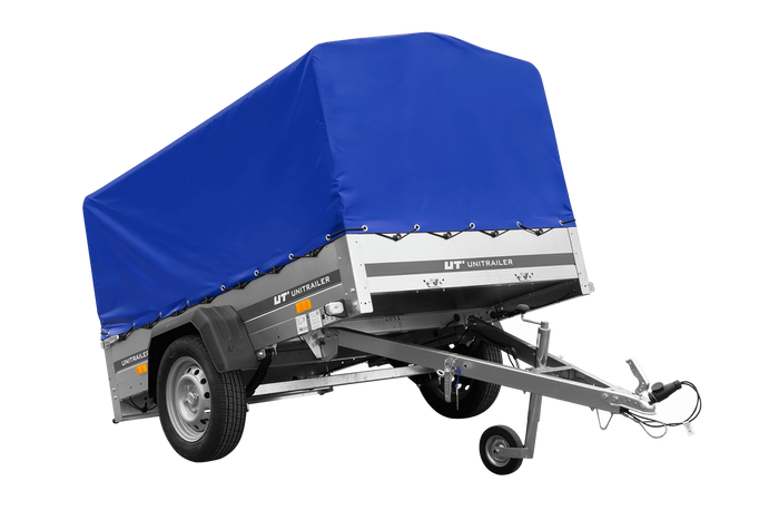 Enkelassige aanhangwagen op veren 200x125 UNITRAILER GARDEN 201/R KIPP met H-800 frame en blauw dekzeil