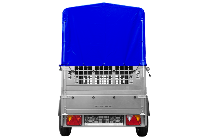 Eenassige aanhanger met kipper Unitrailer GARDEN TRAILER 200 KIPP met steunwiel, gaaswanden en H-800 frame met blauwe kap