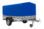 Enkelassige aanhanger op veren met aluminium zijwanden 230x125 Unitrailer Garden 230/R KIPP ALU met H-800 frame en blauwe afdekking