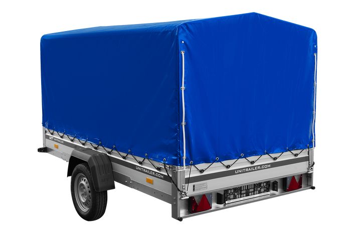 Autoaanhanger met aluminium zijwanden 264x150 Unitrailer Garden 265 KIPP ALU met H-1100 frame en blauwe afdekking