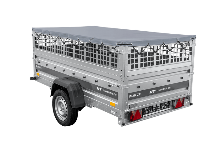 Lichte aanhanger op veren 230x125 UNITRAILER FORCE 230/R KIPP met gaaswanden, H-0 frame en grijze afdekking